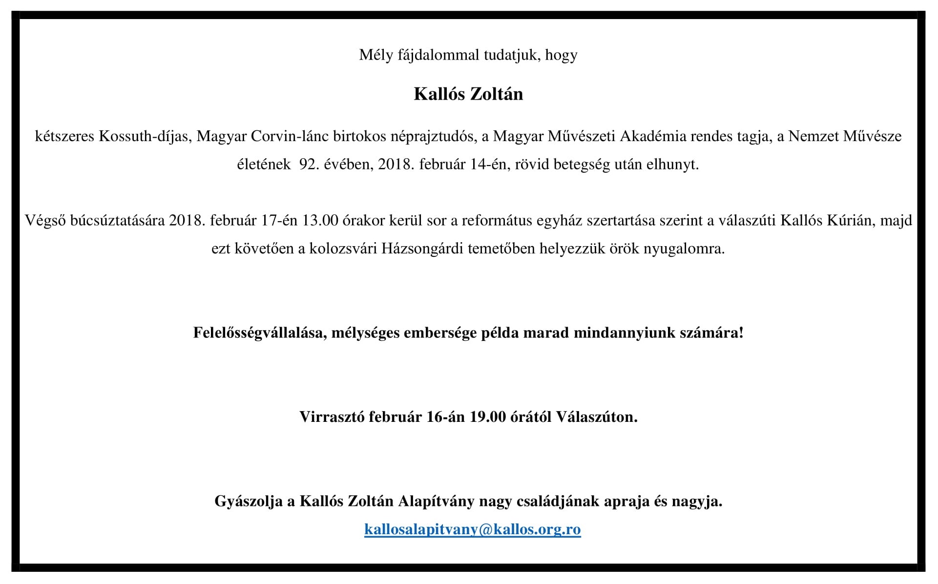 Elhunyt Kallós Zoltán kétszeres Kossuth-díjas, Magyar Corvin-lánc birtokos néprajztudós